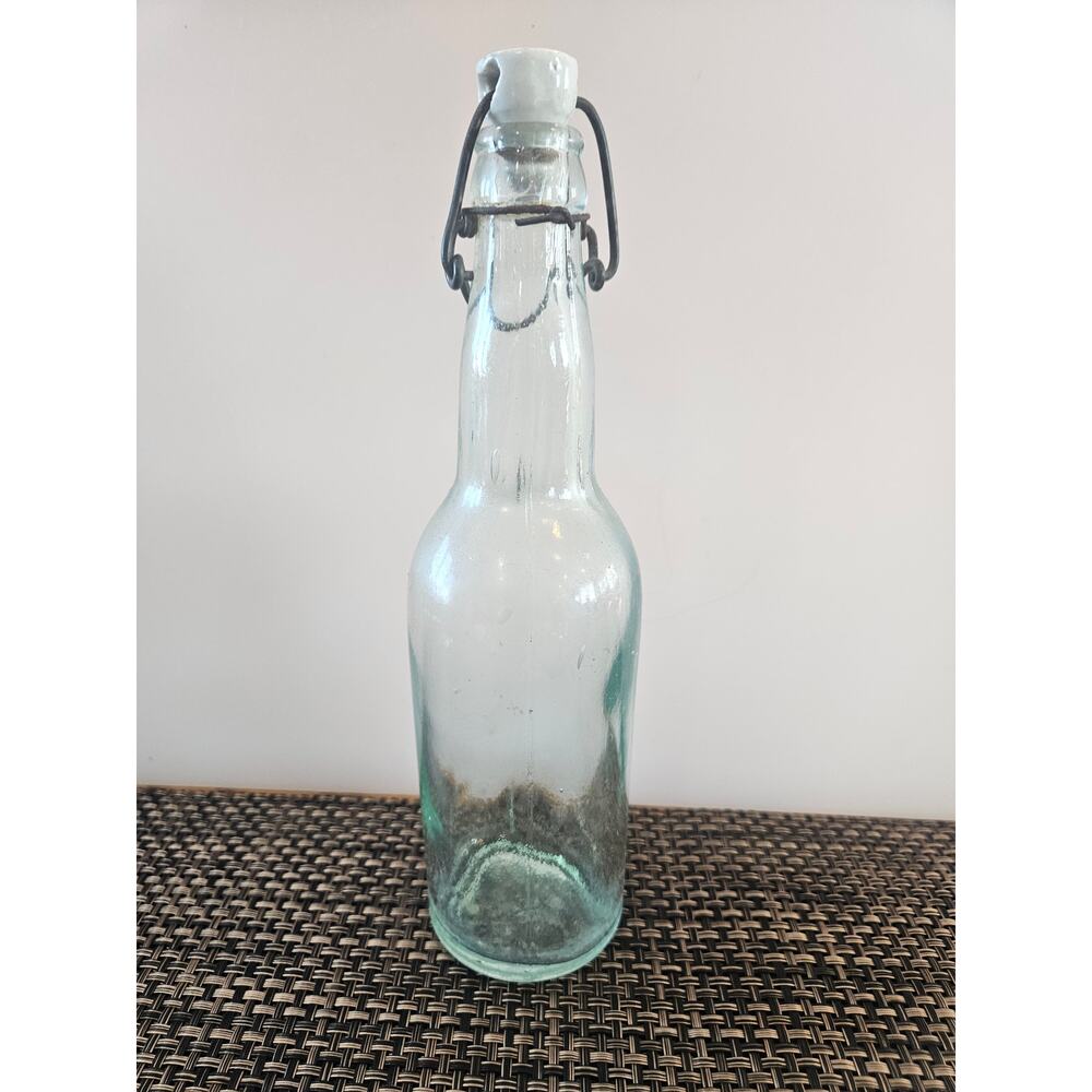 Vintage Blue Green Glass Bottle Porcelain Stopper Clasp Germany